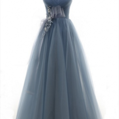 Deep Blue Tulle Long Lace Up Prom Dress, Long..