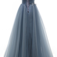 Deep Blue Tulle Long Lace Up Prom Dress, Long..