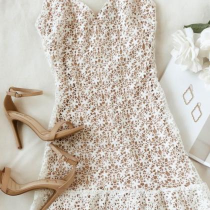 White And Nude Lace Ruffled Mini Dress