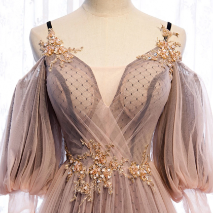 Vintage V Neck Tulle Lace Long Prom Dress Evening Dress cc1684 main image 1