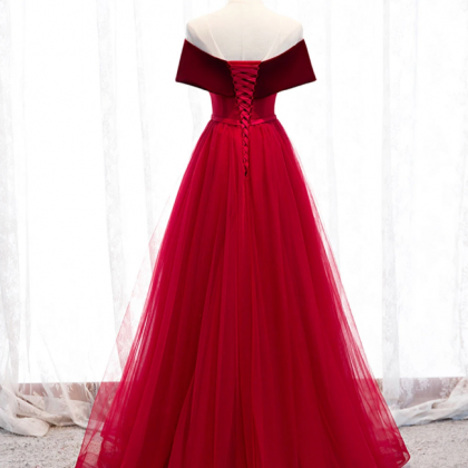 Burgundy Tulle Off Shoulder Long Prom Dress..