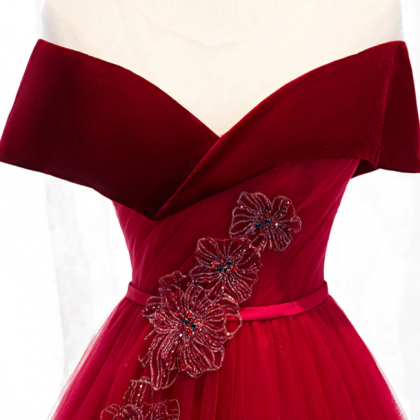 Burgundy Tulle Off Shoulder Long Prom Dress..