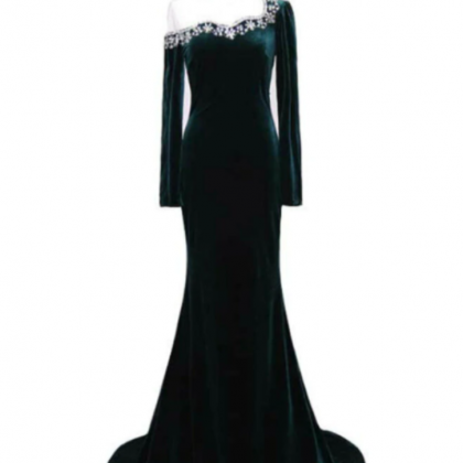 Mermaid Long Sleeve Velvet Prom Dress With Crystal