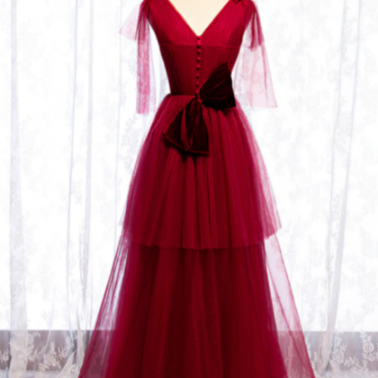 Burgundy Tulle V-neck Pleats Long Prom Dress With..