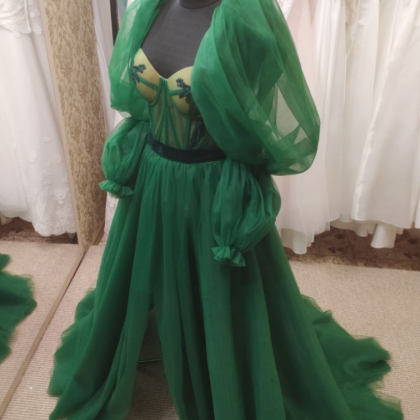 Puff Sleeve Dress, Bridesmaid Dress, Green Tulle..