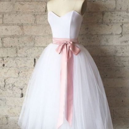Simple White Tulle Tea Length Prom Dress, White..