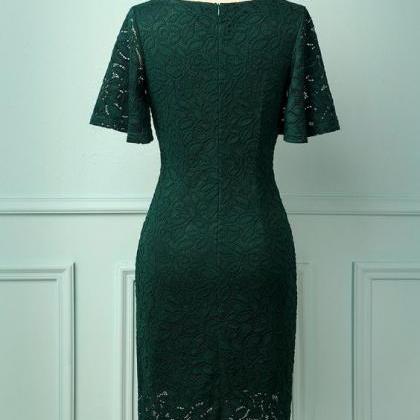 Green Lace Kneen Length Homecoming Dress , Party..