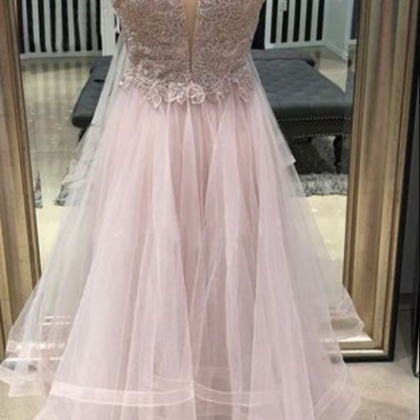 Pink Lace Tulle Spaghetti Straps Lace Up Back Prom..