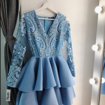 Baby Blue V Neck Lace A Line Homecoming Dresses..