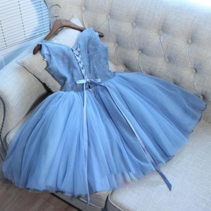 2019 Delicate Blue V-neck A-line Homecoming Dress..