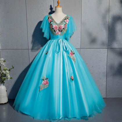 Exy Princess Embroidery V-neck Blue Ball Gown..