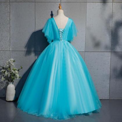Exy Princess Embroidery V-neck Blue Ball Gown..