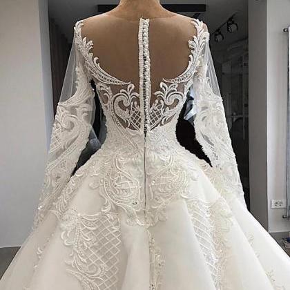 Charming Lace Wedding Dresses Long Sleeves Sheer..