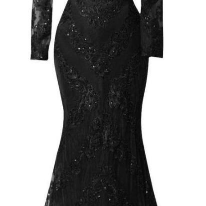 Long Sleeves Prom Dress,black Prom Dress,lace Prom..