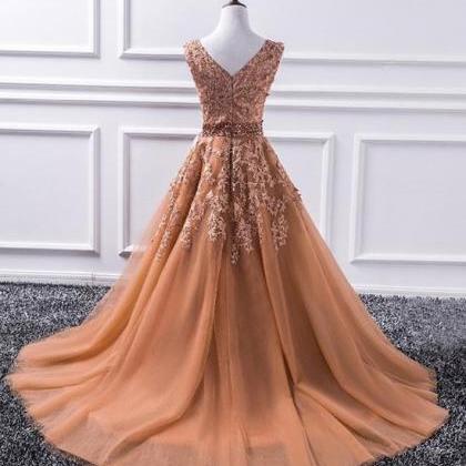 Champagne Tulle Prom Dress, Lace Long Prom Dress,..