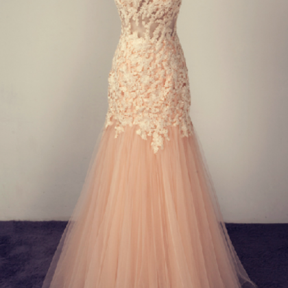 Appliques Tulle Prom Dress,long Prom Dresses, Prom..