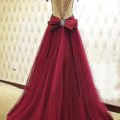 Burgundy A-line Beading Sexy Prom Dress,long Prom..