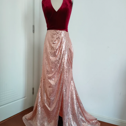 Custom Velvet Sequin Dress,halter Wine And Rose..