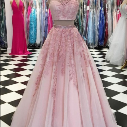 Two Piece Pink Tulle Lace Long Prom Dress, Party..