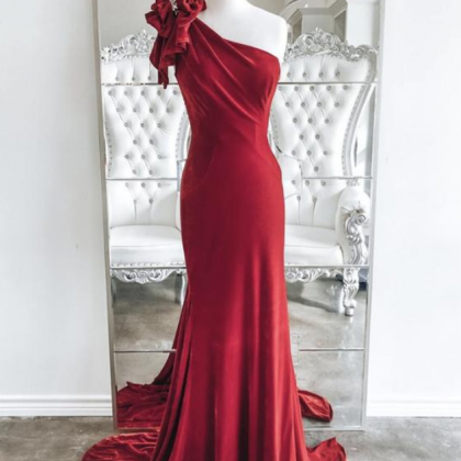 Elegant Burgundy Velvet Long Mermaid Prom Dresses..
