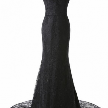 Black Lace Scoop Neck Mermaid Prom Dresses Sheer..