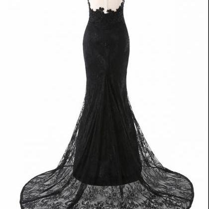 Black Lace Scoop Neck Mermaid Prom Dresses Sheer..