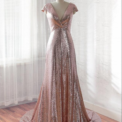 Sexy A Line Rose Gold Sequin Long Prom Dress Floor..
