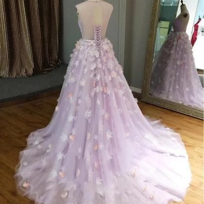 Prom Dresses Tulle V-neck Long 3d Flower Lace Long..