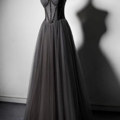 Dark Grey Tulle Straps Long Beaded Party Dress,..