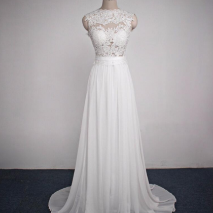 Simple White Long Chiffon Prom Dress With Lace..