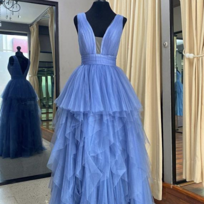 Simple Blue Tulle V Neck Long A Line Prom Dress,..