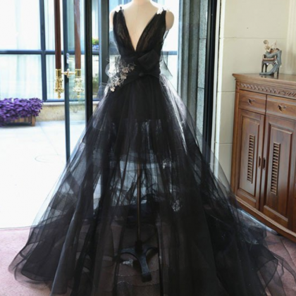 Charming Prom Dress,black Deep V Neck Tulle..