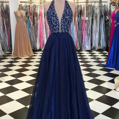 Navy Blue Elastic Satin Prom Dresses With Sequins..