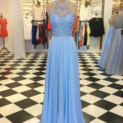 Light Blue Chiffon A Line Prom Dresses With Halter..