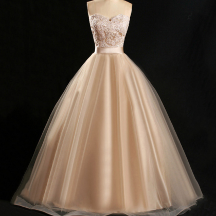 Champagne Tulle Ball Gown With Belt, Sweetheart..