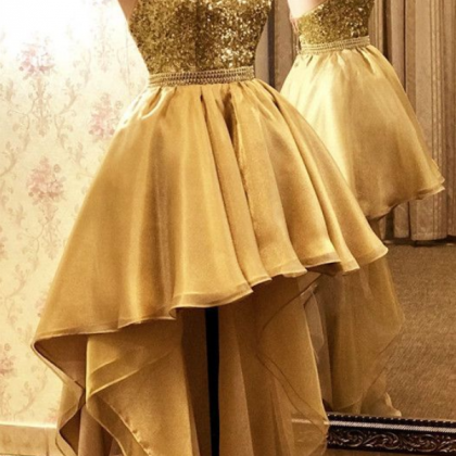 Gold Prom Dresses, High Front And Low Back Evening..