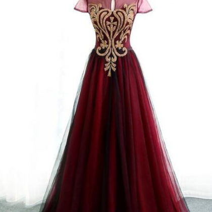 Charming Wine Red Cap Sleeves Long Tulle Evening..