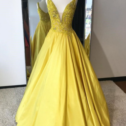 V-neck Yellow Prom Dress,long Evening..
