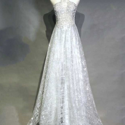 A-line Gray Beaded Prom Dress,long Evening..