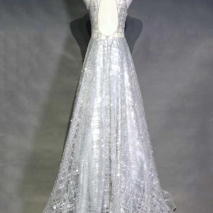 A-line Gray Beaded Prom Dress,long Evening..