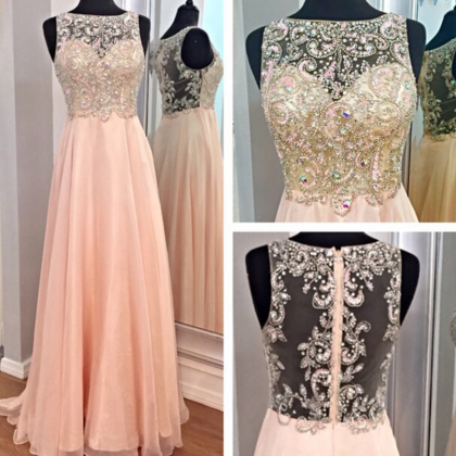Pink Prom Dress, Rhinestones Prom Dress, Chiffon..