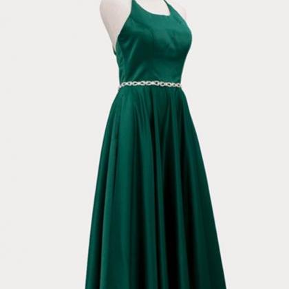 Deep Green V Neck Long Beaded A Line Backless Prom..