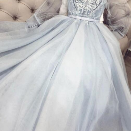 Blue V Neck Tulle Lace Long Prom Dress, Blue..