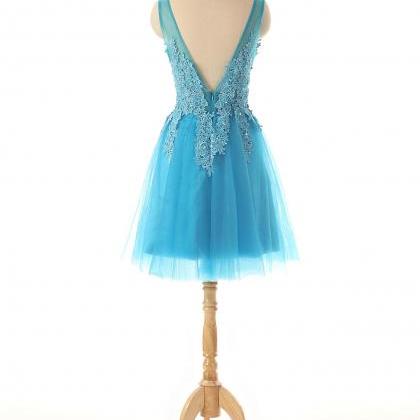 Blue Lace Appliqued Beaded Lace Prom Dress Short,..