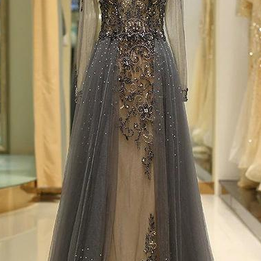 Black Prom Dresses Beaded Crystals A Line Deep V..