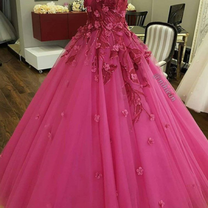 Pink Prom Dress, Handmade Flower Prom Dress, A..