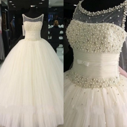 Luxury Peals Rhinestones Wedding Dress, Soft Tulle..