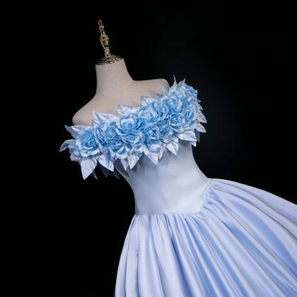Flower Fairy Blue Fluffy Dress One Shoulder Satin..