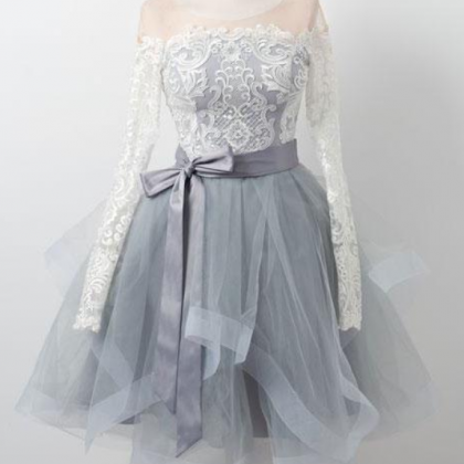 Gray round neck tulle lace short ho..
