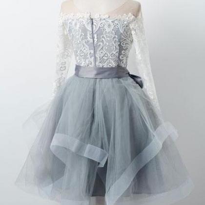 Gray round neck tulle lace short ho..